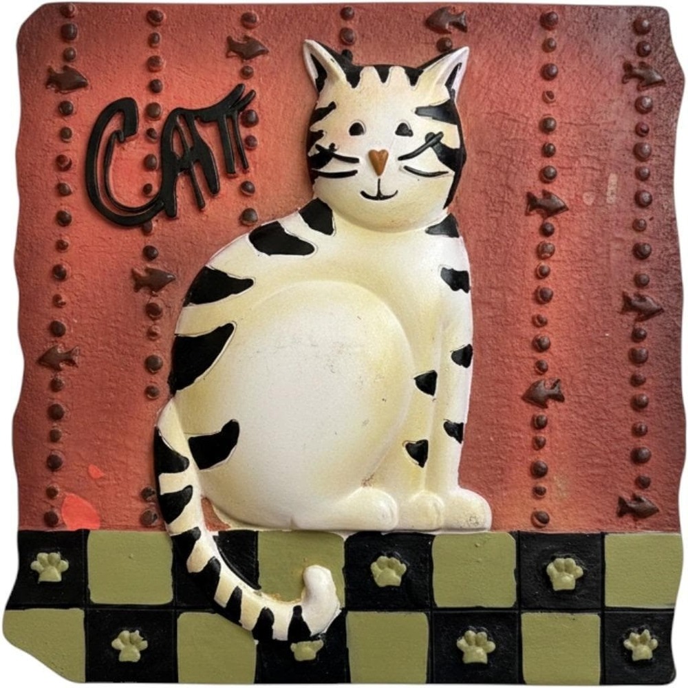 Vintage Style Hand Painted 3D Cat Wall Plaque Checkerboard Paw Prints whimsical